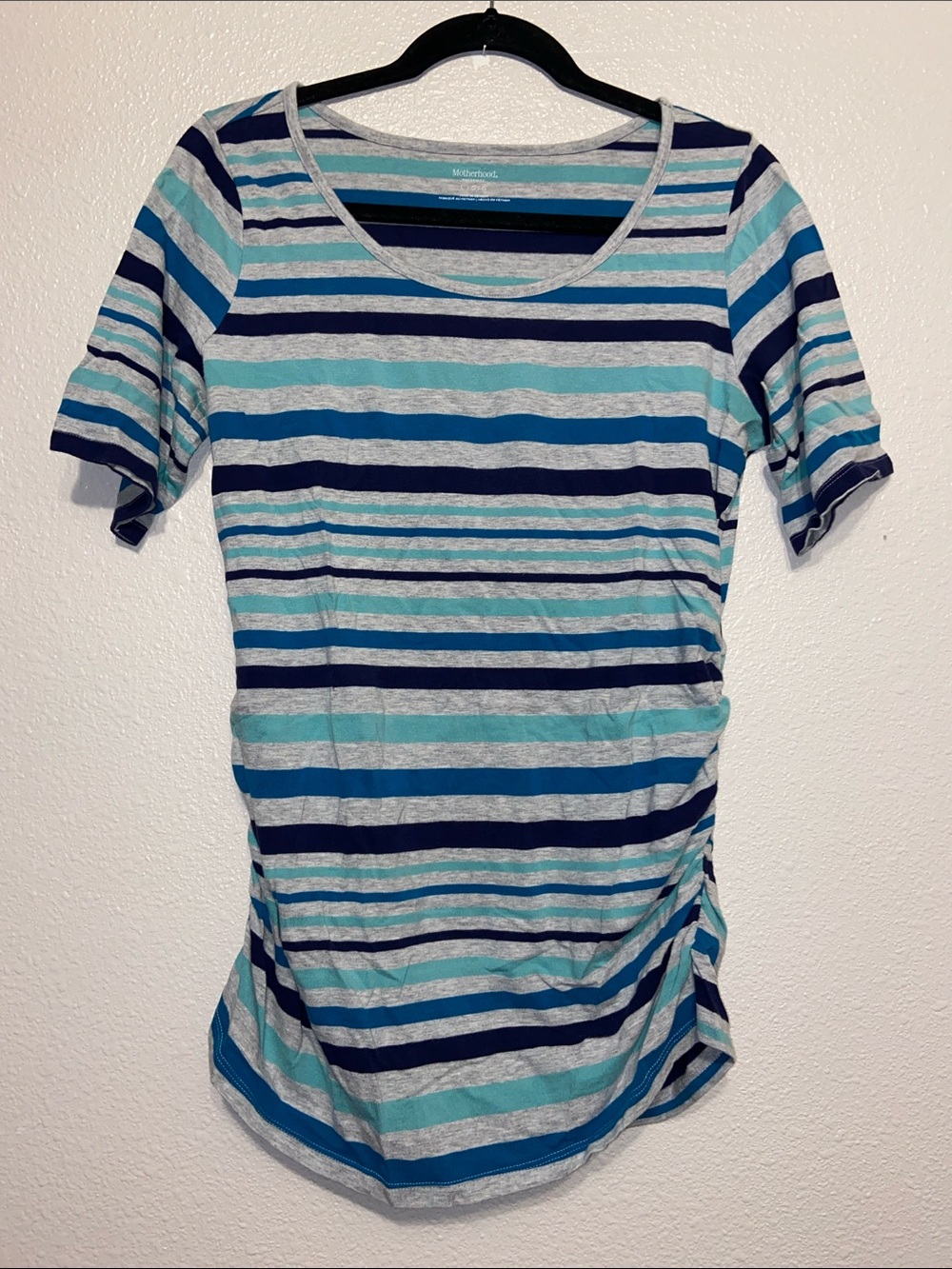 Maternity Striped Scoop Neck Tee in Navy, Teal & Light Gray, Size Large